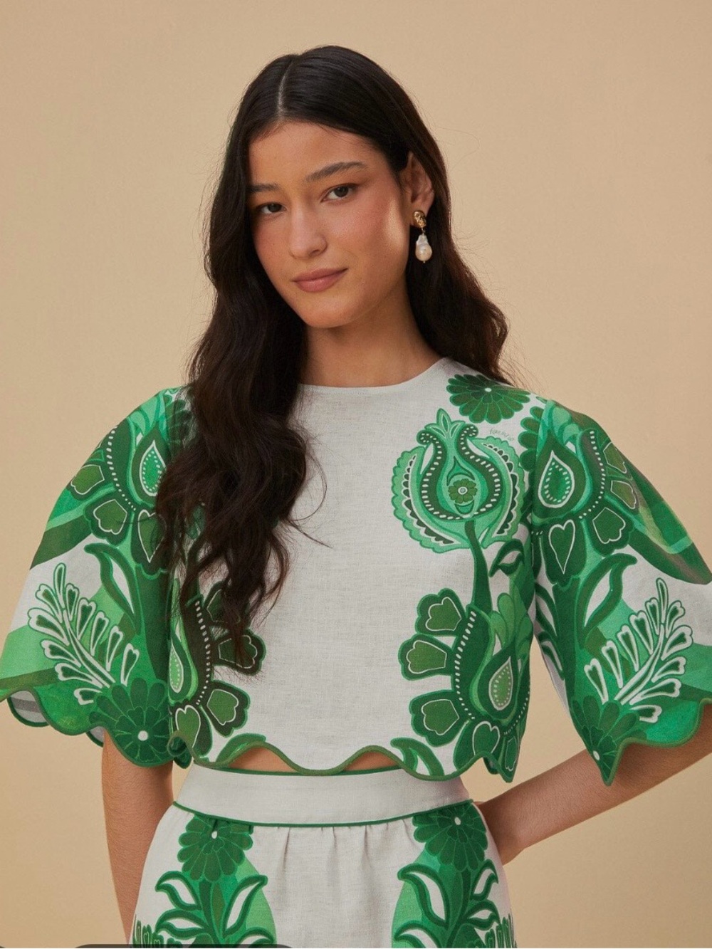 FARM Rio Festival Top White and Green Botanical Print